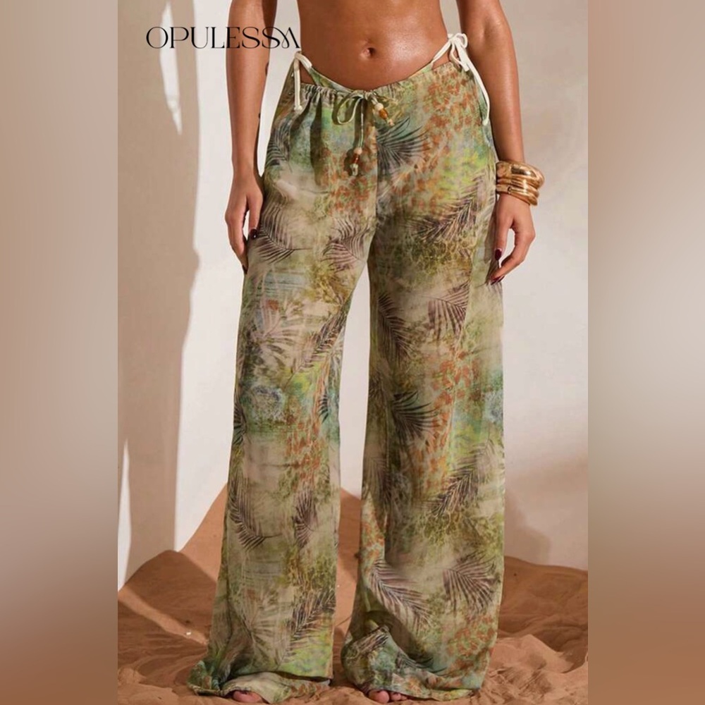 Tropical Leaf Wide-Leg Drawstring Pants in Green